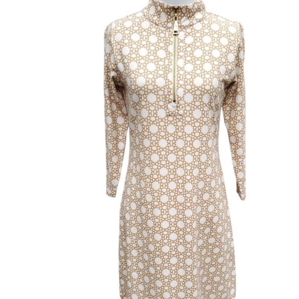Spartina 449 Tan and White Floral Long Sleeve Dress-Half Zip